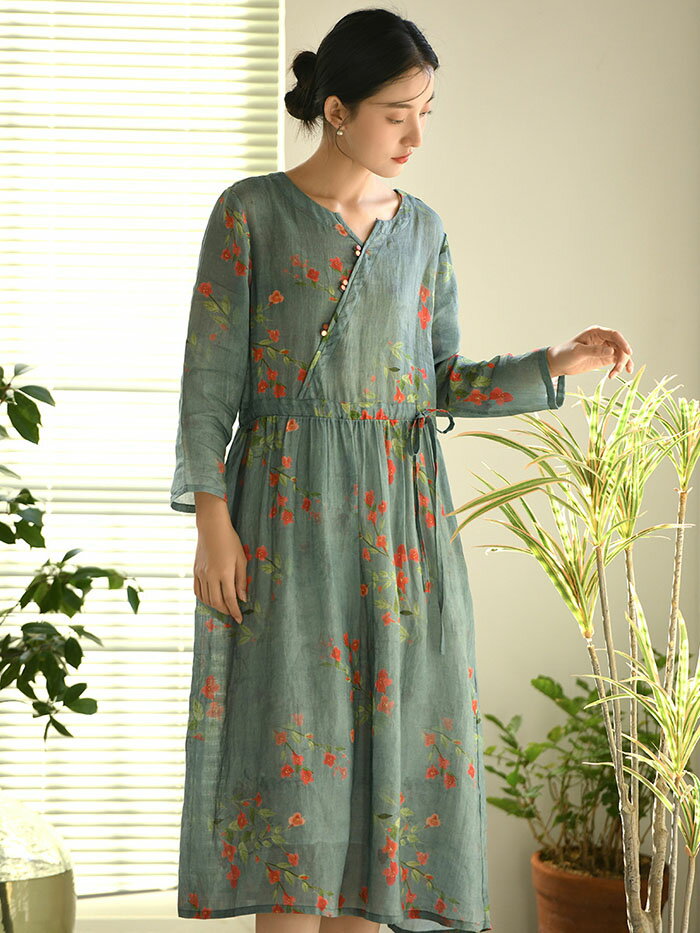 リネン ワンピース 麻 レディース 大きいサイズ 春 夏 長袖 きれいめ 花柄 ロング 着痩せ 女性用 体型カバー 吸汗 通気 おしゃれ ゆったり シンプル カジュアル エレガント レトロ 薄手 OL通勤 旅行 海 母の日 プレゼント 贈り物 20代 30代 40代 50代 マキシ丈 ワンピース