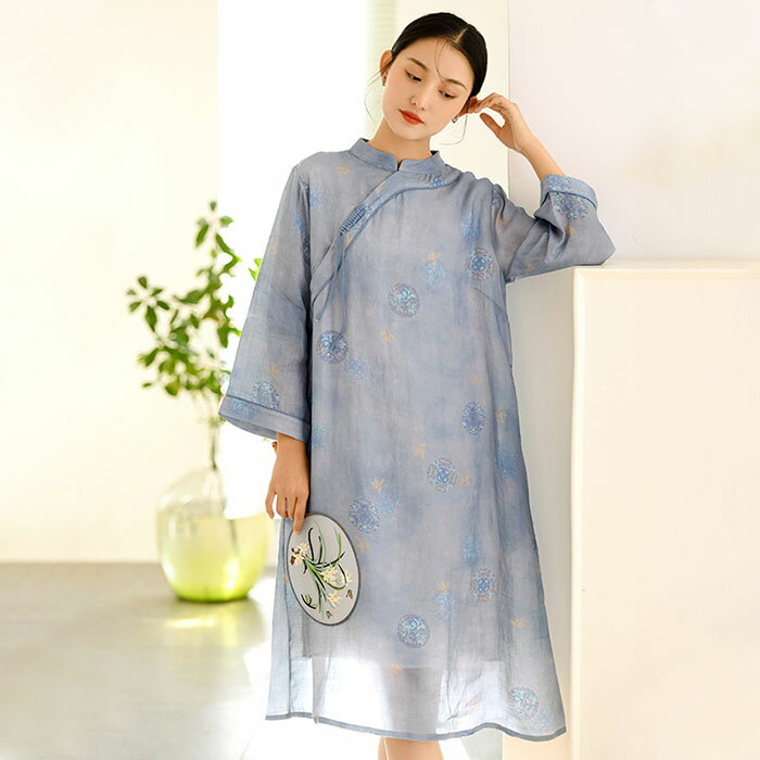リネン ワンピース 麻 レディース 大きいサイズ 春 夏 長袖 きれいめ 花柄 ロング 着痩せ 女性用 体型カバー 吸汗 通気 おしゃれ ゆったり シンプル カ...