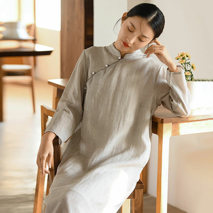 リネン ワンピース 麻 レディース 大きいサイズ 春 夏 長袖 きれいめ 無地 ロング 着痩せ 女性用 体型カバー 吸汗 通気 おしゃれ ゆったり シンプル カ...