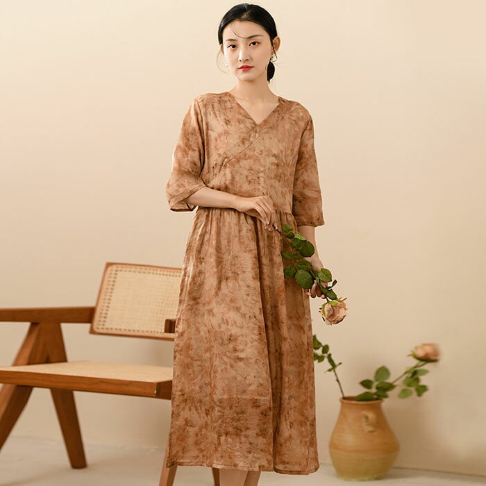 リネン ワンピース 麻 レディース 大きいサイズ 春 夏 半袖 五分袖 きれいめ 花柄 ロング 着痩せ vネック 体型カバー 吸汗 通気 おしゃれ ゆったり カ...