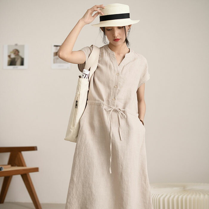 リネン ワンピース 麻 レディース 大きいサイズ 春 夏 半袖 きれいめ 無地 膝丈 aライン 着痩せ 女性用 体型カバー 吸汗 通気 おしゃれ ゆったり カジ...