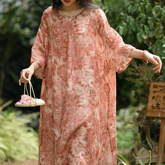 Dresses - リネン ワンピース 麻 レディース 大きいサイズ 春 夏 半袖 五分袖 きれいめ 花柄 ロング 着痩せ 女性用 体型カバー 吸汗 通気 おしゃれ ゆったり カジュアル エレガント レトロ 薄手 OL通勤 旅行 海 母の日 プレゼント 贈り物 20代 30代 40代 50代 マキシ丈 ワンピース