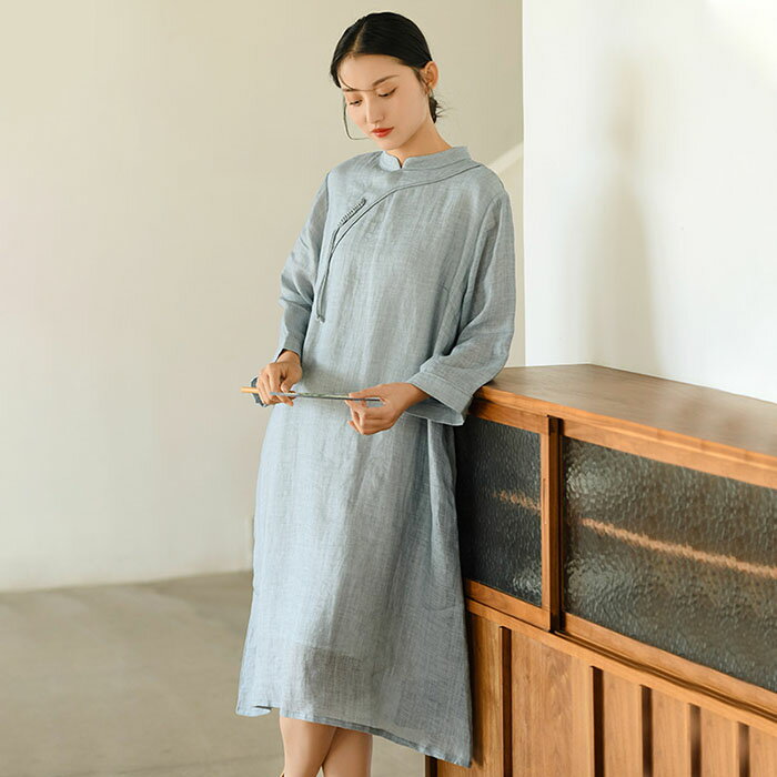 リネン ワンピース 麻 レディース 大きいサイズ 春 夏 長袖 きれいめ 無地 ロング 着痩せ 女性用 体型カバー 吸汗 通気 おしゃれ ゆったり シンプル カ...