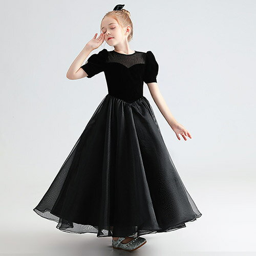 Kids' Dress, V-neck Long Dress, Black Dress, One-piece Dress, Girls' Dress, Kids' Dress, Piano Recital, Concert, Wedding, Shichi-Go-San, Birthday, Party, Formal, Cute, Junior, Girls, Stylish, 110-160cm, Ages 5, 6, 7, 8, 9, 10