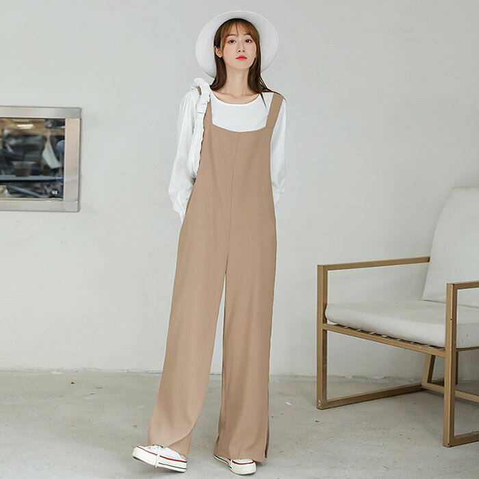 AddChicのサロペット パンツ オールインワン 体型カバー 春 夏 レディース 着痩せ 綿 大きいサイズ ワイドパンツ ガウチョパンツ レトロ エレガント カジュアル ガーリー 韓国 ファッション 無地 おしゃれ ゆったり 出かけ 通学 OL通勤 日常 デート サロペット オーバーオール｜アングル3