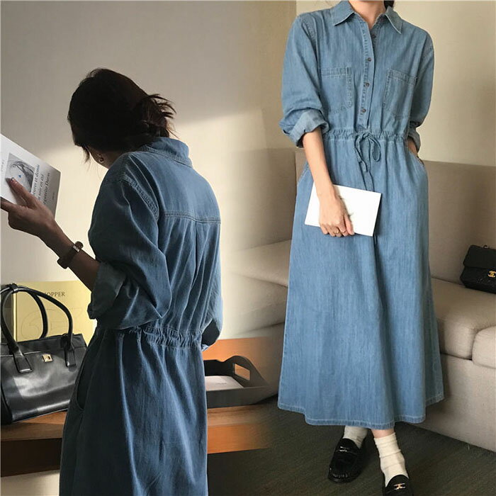 ワンピース デニム ロング 春 夏 秋 レディース 長袖 ハイウエスト aライン カジュアル 大きいサイズ 着痩せ レトロ エレガント シンプル クラシカル 無地 おしゃれ 出かけ 通学 OL通勤 日常 デート シャツ ワンピース マキシ