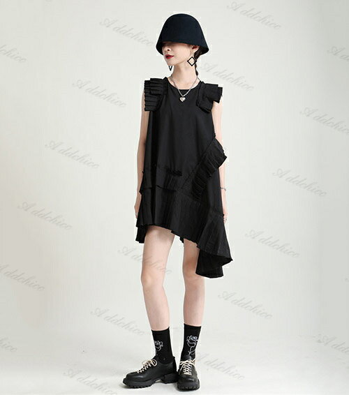 ワンピース レディース ノースリーブ プリーツワンピース 春 夏 ワンピ 非対称なデザイン ミニ丈 ショート丈 お洒落 ゆったり Aライン 大人 着痩せ きれいめ 通勤 OL 体型カバー 上品 ギフト 大きいサイズ 20代 30代 40代 黒 ブラック 白 ホワイト ブルー