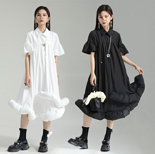 樂天商城 - ワンピース レディース 半袖 2WAY 春 夏 ワンピ リバーシブル 両面着れる服 マキシワンピース お洒落 ゆったり ロング丈 マキシ丈 大人 着痩せ きれいめ 通勤 旅行 体型カバー 上品 フリーサイズ 20代 30代 40代 黒 ブラック 白 ホワイト