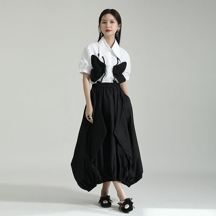 樂天商城 - ロングスカート レディース 春 夏 aライン 無地 バルーンスカート 変形 ドレープ 大きいサイズ 着痩せ ウエストゴム 黒 個性的 韓国ファッション ポケット付き ハイウエスト 大人 可愛い ゆったり ボトムス おしゃれ かっこいい カジュアル シンプル OL通勤 マキシスカート