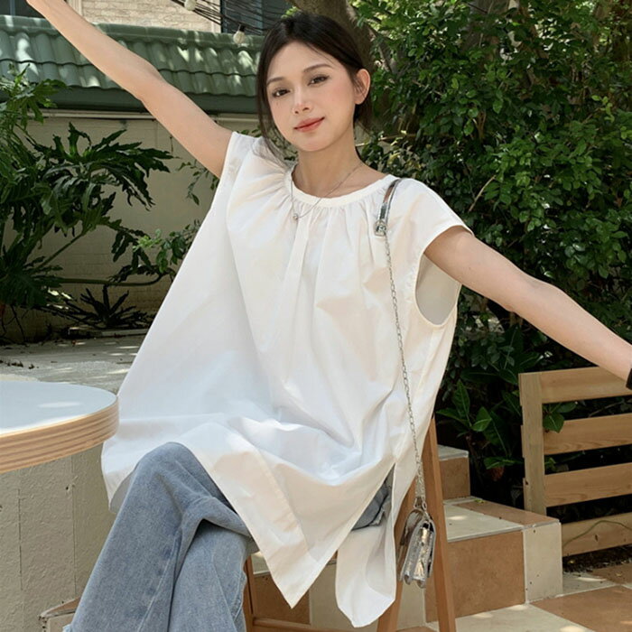 シャツ ブラウス ノースリーブ レディース 夏 白 無地 ロング丈 カジュアル OL通勤 韓国ファッション 着痩せ 大きいサイズ 丸首 体型カバー 女性 大人 細身 薄手 ゆったり 涼しい 可愛い シンプル おしゃれ 上品 旅行 トップス