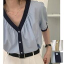 Tシャツ トップス レディース 前開き Vネック ボリューム袖 パフ袖 半袖シャツ 綿 異素材 配色 通勤 ゆったり 通学 オフィス きれいめ 春 夏 抗菌防臭 接触冷感 吸水速乾 高機能 学生 大人 ブラック ホワイト【送料無料】(4)
