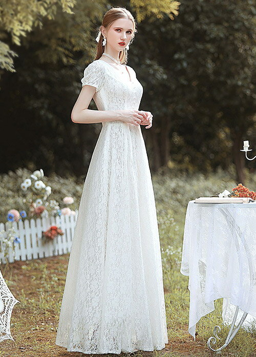 ウェディングドレス ロングドレス レース 花嫁ドレス パーティードレス 半袖 二次会 結婚式 花嫁 ブライダル 演奏会 披露宴 ロング丈 発表会 コンサート 大きいサイズ フォーマル 前撮り リゾート 海外挙式 ピアノ 発表会 エレガント 床付き ファスナー