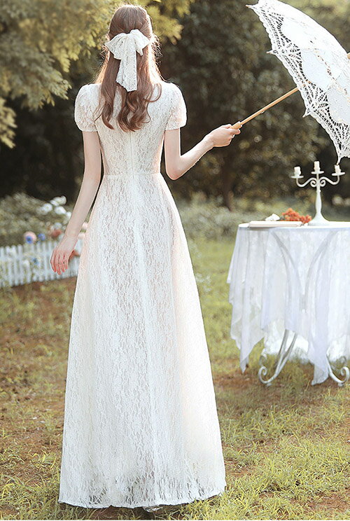 ウェディングドレス ロングドレス レース 花嫁ドレス パーティードレス 半袖 二次会 結婚式 花嫁 ブライダル 演奏会 披露宴 ロング丈 発表会 コンサート 大きいサイズ フォーマル 前撮り リゾート 海外挙式 ピアノ 発表会 エレガント 床付き ファスナー