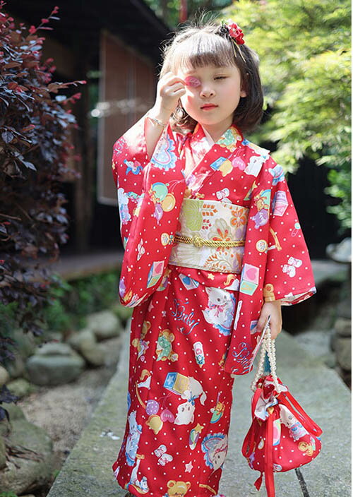キッズ浴衣 子供 浴衣 薄手 浴衣セット 作り帯 浴衣帯 巾着 バッグ 女の子 和装 和...