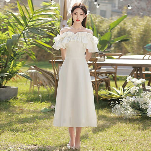 パーティードレス ドレス ロングドレス ミモレ丈 ウェディングドレス オフショルダー イブニングドレス ノースリーブ 二次会 結婚式 演奏会 披露宴 発表会 コンサート 大きいサイズ 小さいサイズ 前撮り 撮影 海外挙式 パーティー 誕生日 お呼ばれ エレガント 白