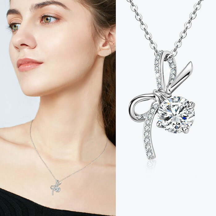 Silver - ネックレス レディース ダイヤモンド ジルコニア ボウタイ アクセサリー シンプル シルバー925 女性 プレゼント ギフト 金属アレルギー 首飾り カジュアル おしゃれ ジュエリー 普段使い 華奢 定番 人気 パーティー OL通勤 デート 結婚式 母の日 誕生日 彼女 妻 ネックレス