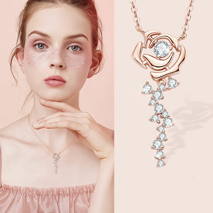 White - ダイヤモンド ネックレス 0.56ct レディース ゴールデン ローズ バラ ペンダント シルバー925 アクセサリー シンプル プレゼント ギフト 金属アレルギー 首飾り ジュエリー 普段使い 華奢 定番 人気 パーティー OL通勤 デート 結婚式 母の日 誕生日 彼女 妻 ネックレス
