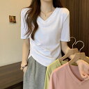 tシャツ レディース 半袖 カジュアル 春 夏 vネック 無地 スリム トップス 細身 着痩せ 韓国ファッション 白 半袖tシャツ 大きいサイズ 透けない 透けにくい 涼しい シンプル エレガント きれいめ おしゃれ 薄手 OL通勤 カットソー(4)