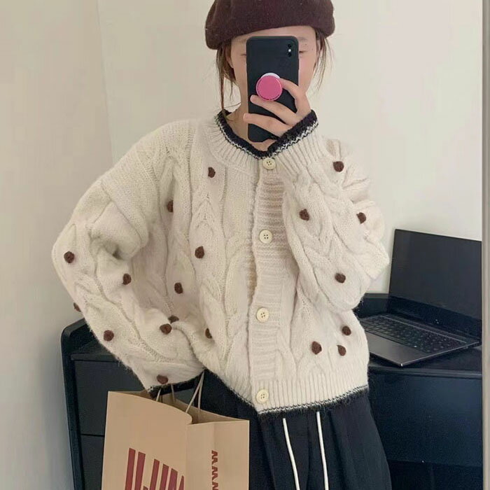 【★半額限定★スーパーSALE期間中】ニット カーディガン レディース 長袖 ニットカーディガン ケーブル編み 前開き ショート丈 秋 冬 厚手 丸首 セーター アウター きれいめ 大きいサイズ 着痩せ ゆったり 可愛い 大人 OL通勤 韓国 ファッション カジュアル デイリー