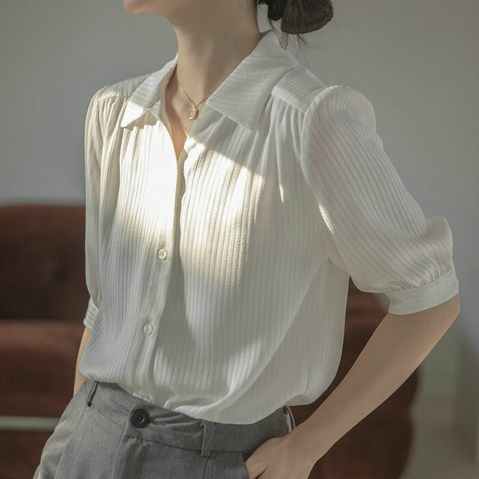 Short Sleeves - ブラウス シャツ レディース オフィス 夏 無地 半袖 五分袖 大きいサイズ 前開き 白 半袖シャツ スーツ インナー OL通勤 就活 面接 事務 薄手 上品 着痩せ 女性 涼しい 韓国ファッション シンプル カジュアル おしゃれ トップス