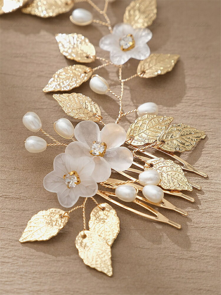 AddChicのヘッドアクセサリー ヘアアクセサリー ブライダル 髪飾り 花 小枝アクセサリー 低め ナチュラル リーフ ビジュー フラワー ジルコン ブライダルアクセサリー 王冠 ウエディング 結婚式｜アングル3