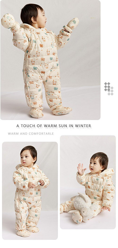 ベビー服 ジャンプスーツ カバーオール 長袖ロンパース ダウンコート 裏ボア フード付き 防寒 厚手 秋冬用 赤ちゃん 子供 防寒着 普段着 お出かけ 雪遊び 可愛い 新生児 出産祝い ギフト 誕生日 プレゼント 66cm 73cm 80cm 90cm 100cm 0歳 1歳 2歳 3歳