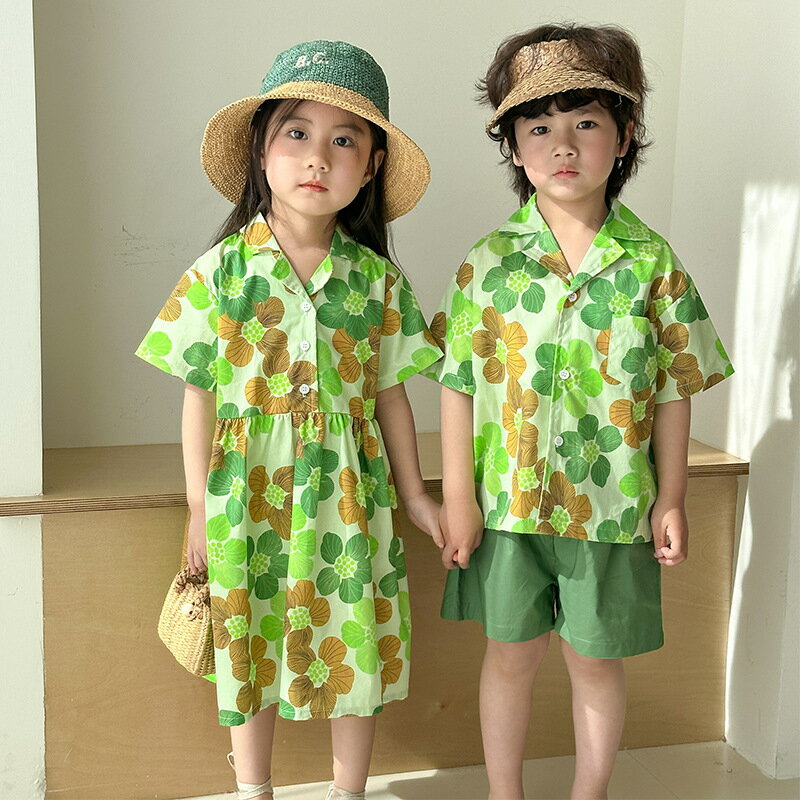 キッズ 韓国 子供服 上下セット 男の子 ワンピース 女の子 セットアップ 可愛い 兄妹お揃い アロハ シ..