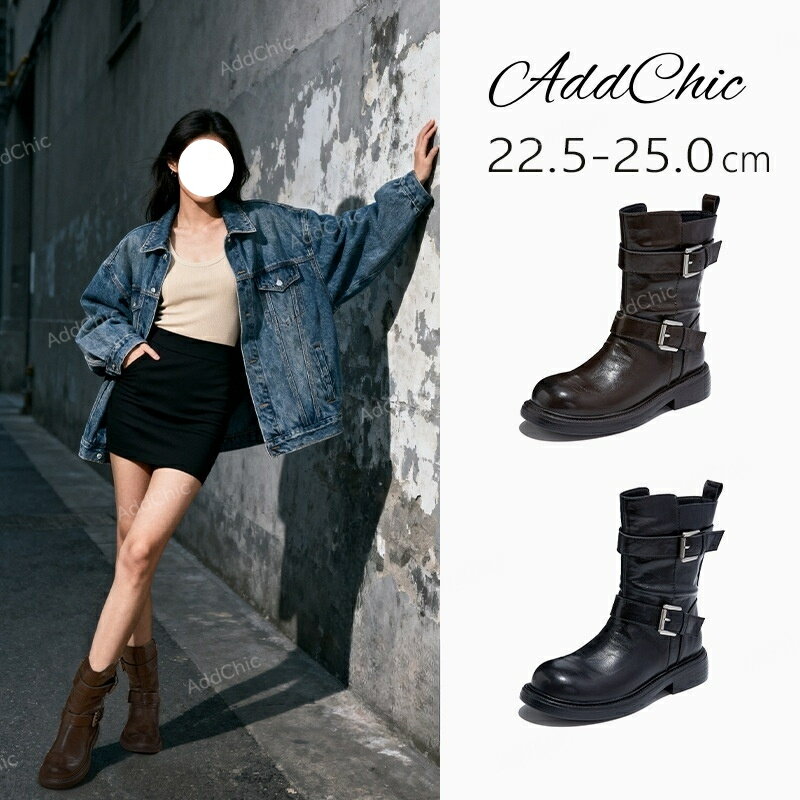 本革 ショートブーツ 厚底カバーミドルブーツ ルーズシルエット エンジニアブーツ サイドファスナー レ..