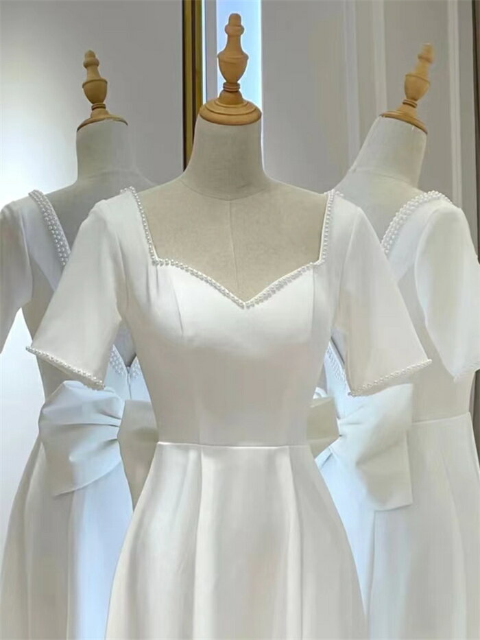 ウェディングドレス 二次会 ウエディングドレス 袖あり ウェディングドレス Aライン 結婚式 花嫁ドレス ブライダル 前撮り 演奏会ドレス 披露宴 ロング丈 リボン コンサート パーティードレス ピアノ エレガント 海外挙式 大きいサイズ オーダー可能