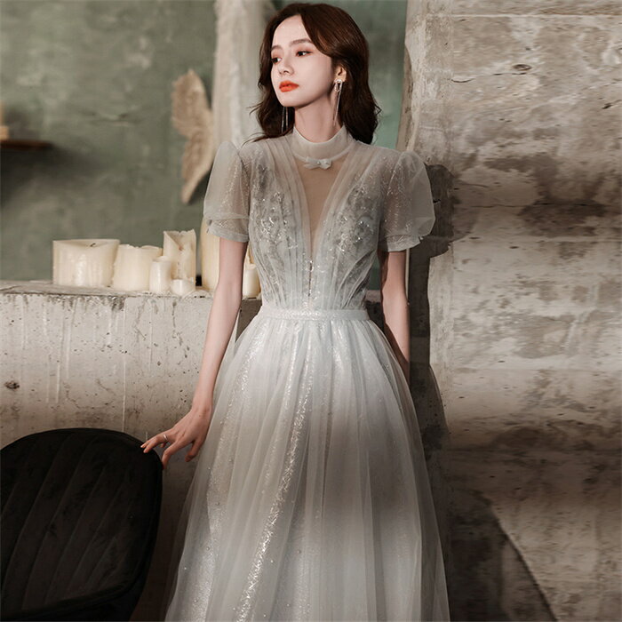 カラードレス グレー 演奏会 Aラインドレス カラードレス 二次会 パフスリーブ 結婚式 花嫁ドレス ブライダル 前撮り 演奏会ドレス 披露宴 ロング丈 コンサート イブニングドレス カクテルドレス パーティードレス ピアノ 編み上げ 海外挙式 大きいサイズ