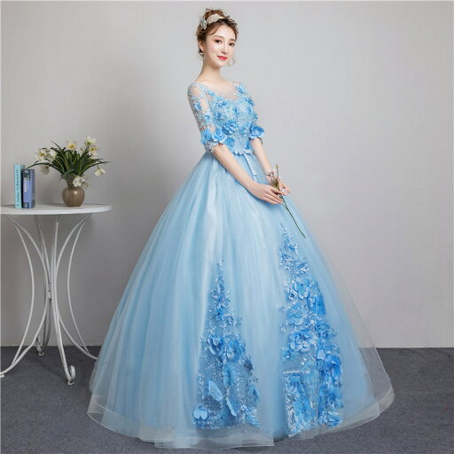 カラードレス 演奏会 カラードレス 水色 二次会ドレス 演奏会ドレス 結婚式 花嫁ドレス Aラインドレス ブライダル 前撮り 披露宴 演出服 コンサート イブニングドレス カクテルドレス パーティードレス ピアノ 海外挙式 大きいサイズ