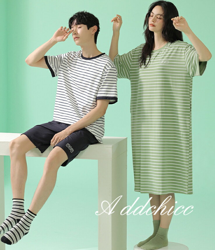 ペアパジャマ カップル 夏 ルームウェア 半袖 ペアルック レディース メンズ 上下セット パジャマ ナイトウェア 部屋着 ワンピース Tシャツ コットン ネグリジェ 寝間着 ストライプ 寝巻き 大さいサイズ 薄手 薄地 お揃い 男女セット 半パンツ セットアップ お祝いプレゼント
