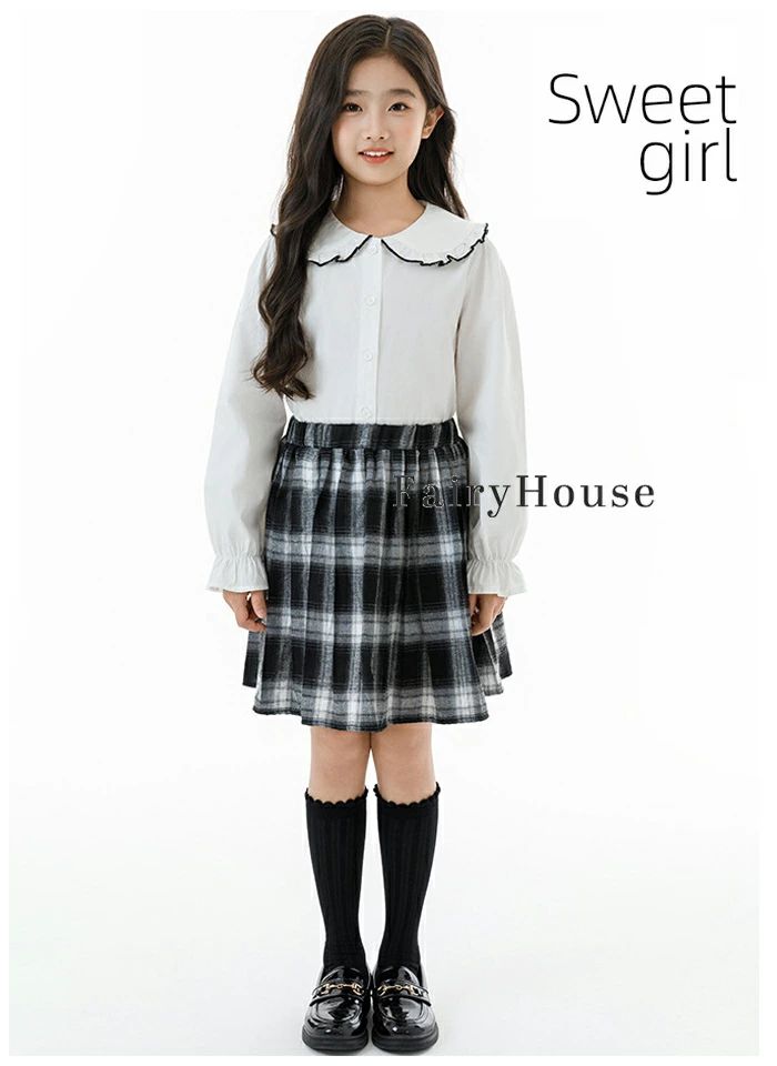 アッドキッチンの韓国子供服 女の子 セットアップ 120/130/140/150/160/170 かわいい シャツ+ベスト+スカート 3点セット キッズ 長袖ブラウス 犬柄 ニッ｜アングル3