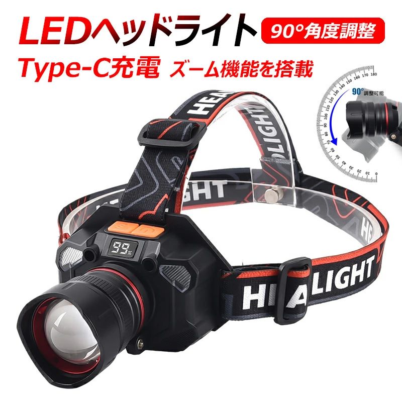LEDヘッドライト 高輝度 ズーム機能を搭載 人体センサー搭載 大容量バッテリー 90°角度調整 防水 LED電子残量表示 USB充電 Type-C充電