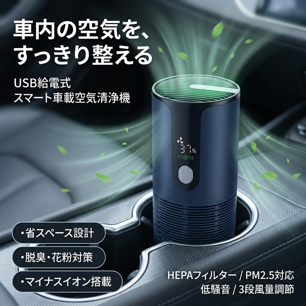 商品名：車載空気清浄機 サイズ：70*70*163mm 素材：ABS+金属 電源：DC5V1A 適応面積：10m2 電池容量：1200mAh 定格出力：1W 重量：215G カラー：ブラック/ホワイト/ネイビー セット内容：本体*1、USB充電ケーブル*1、電子版説明書*1 生産国:中国 注意事項 ・ラッピング対応は行っておりません。 ・予告なく仕様変更になる場合がございます。 ・写真はイメージです。実際の商品と若干異なる場合がございます。 ・基本は全国一律送料無料と対応させていただきますが、沖縄・北海道・離島地域へお届けの場合は別途送料をご請求させていただきます。 ・商品のサイズは採寸方法によって、若干な誤差が生じる場合はあります。ご了承ください。 品質保証 ・出品商品は全て新品未使用です。 ・安心の初期不良対応 ：万が一商品に不具合があった場合は、商品到着後7日以内にご連絡ください。 ・不具合の状況確認のため、写真や動画のご提供をお願いする場合がございます。確認後、速やかに「新品交換」または「ご返金」にて対応させていただきます。 ・お客様に安心してご購入いただけるよう、誠心誠意サポートいたします。「悪い評価」を付ける前に、まずはお気軽にご相談ください。 検索関連ワード 車載 空気清浄機, スマート 車用空気清浄機, USB給電 空気清浄機, DC5V 1A, 低騒音 空気清浄機, 3段調節, HEPAフィルター, HEPA, 脱臭, PM2.5 対策, 花粉対策, アレルゲンケア, 喫煙 車内, ペット 車内, 車内 すっきり, マイナスイオン 発生, 空気清浄 ディフューザー風, 車載 家庭用, 卓上 空気清浄機, リビング 空気清浄, 寝室 空気清浄, オフィス 空気清浄, 10m2 適応面積, コンパクト 小型, 軽量 215g, ABS 金属ボディ, ブラック ホワイト ネイビー, 70*70*163mm, 電池容量 1200mAh, USB充電ケーブル, 車用 空気ケア, 乾燥対策 ではなく空気環境, 新生活 空気清浄, 母の日 プレゼント, 父の日 ギフト, 誕生日 ギフト, プレゼント 車載, 喫煙者 対策, ペット臭 対策, ポイント消化, 送料無料, 楽天スーパーSALE, お買い物マラソン, 人気 おすすめ注意事項：モニターの発色により、実物と異なる場合がございます。