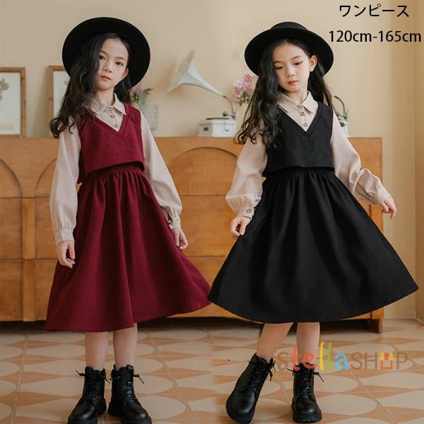 子供服 女の子 ワンピース 長袖 コーデュロイ ワンピース ブラック レッド キッズ 入学式 卒業式 ワンピース 受験用 発表会 七五三 子供