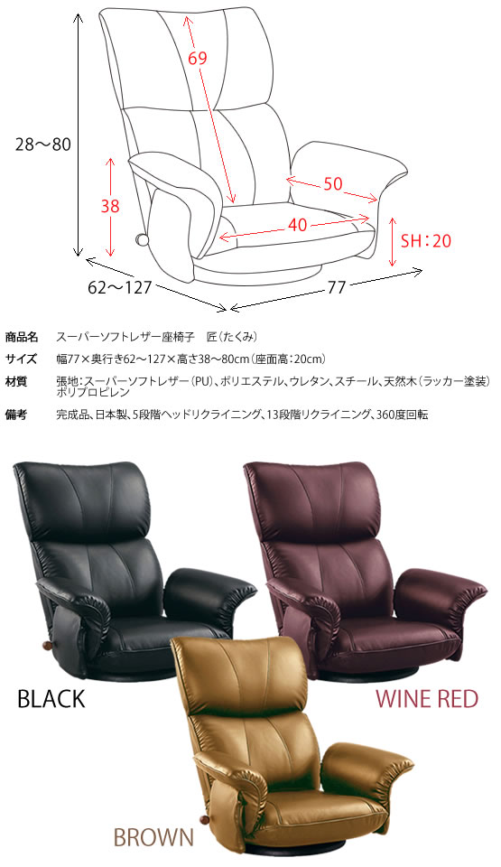 【10%クーポン23日20時～】スーパーソフトレザー座椅子 匠（たくみ） 幅77×奥行き62～127×高さ38～80cm 360度回転 13段階リクライニング 完成品 日本製 ブラック ブラウン ワインレッド ys-1396hr【北海道・沖縄・離島以外送料無料】 3