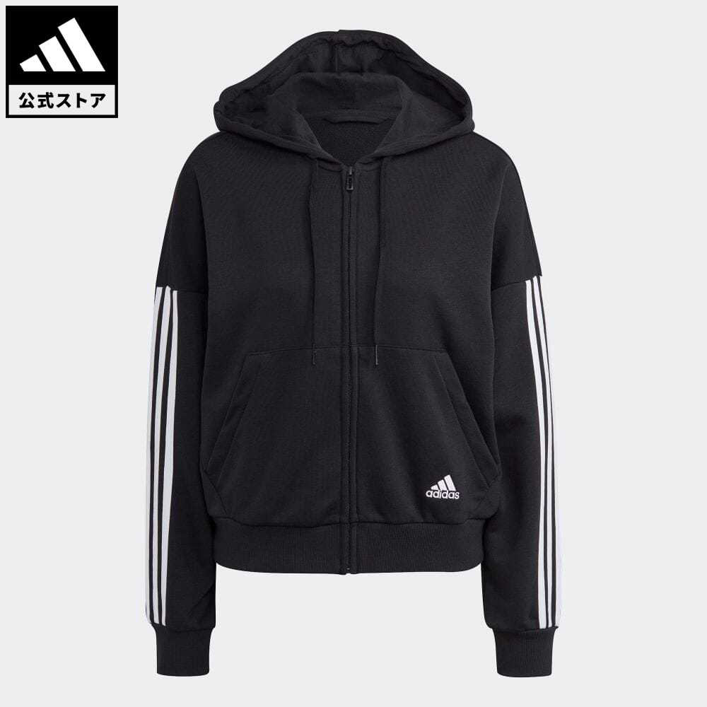 【公式】アディダス adidas 返品可 アディダス エッセンシャルズ カット 3ストライプス フルジップパーカー / adidas Essentials Cut 3-Stripes Full-Zip Hoodie レディース ウェア・服 トップス パーカー(フーディー) ジャージ 黒 ブラック GL1462 トレーナー