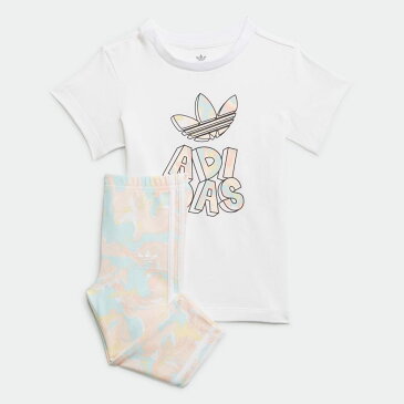 【公式】アディダス adidas 返品可 マーブルプリント Tシャツワンピースとタイツのセット オリジナルス キッズ ウェア・服 セットアップ ジャージ 白 ホワイト H22631 mss21fw 上下