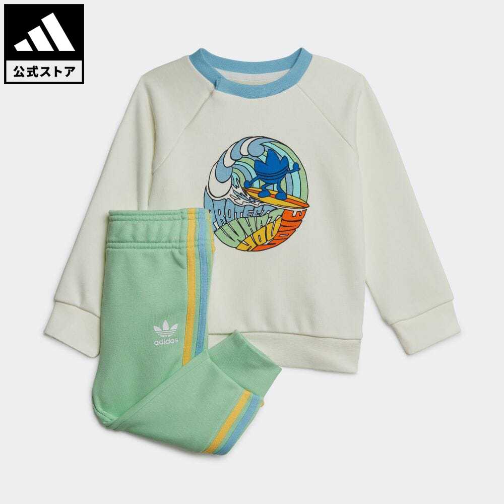 【公式】アディダス adidas 返品可 グラフィックプリント クルーネックセットアップ オリジナルス キッズ／子供用 ウェア・服 セットアップ ジャージ 白 ホワイト IB8615 上下