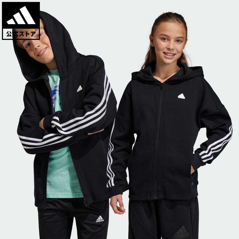 アディダス adidas 返品可 フューチャーアイコン スリーストライプス フルジップフード付き トラックトップ スポーツウェア キッズ／子供用 ウェア・服 トップス パーカー(フーディー) ジャージ 黒 ブラック HR6317 ト