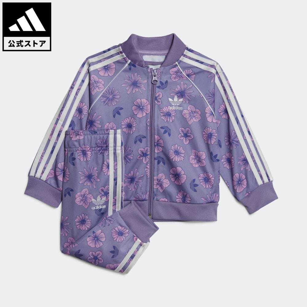 【1,000円OFFクーポン対象 06/04 20:00〜06/11 01:59】【公式】アディダス adidas 返品可 フローラル スウェットスーツ セットアップ オリジナルス キッズ／子供用 ウェア・服 セットアップ ジャージ 紫 パープル IC8783 上下のサムネイル