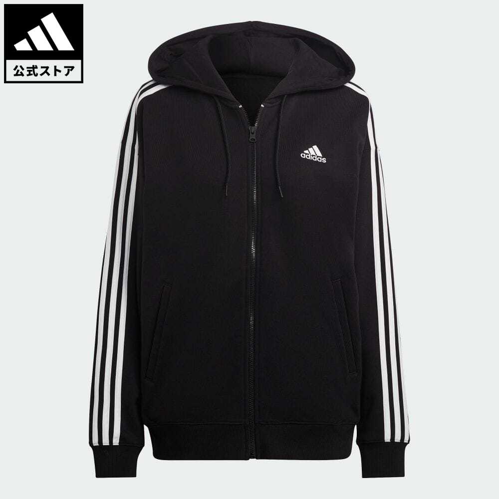 【公式】アディダス adidas 返品可 エッセンシャルズ スリーストライプス フレンチテリー オーバーサイズ フルジップパーカー スポーツウェア レディース ウェア・服 トップス パーカー(フーディー) ジャージ 黒 ブラック IC8782 トレーナー