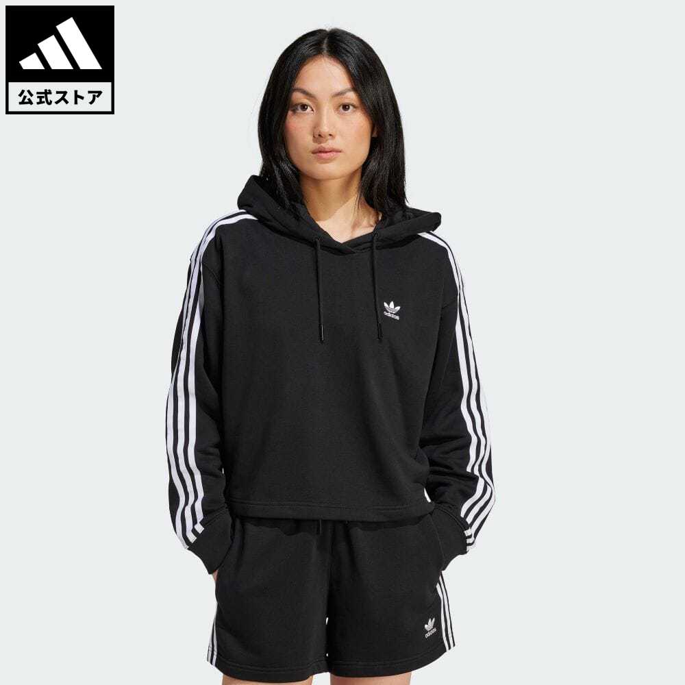 【公式】アディダス adidas 返品可 アディカラー スリーストライプス ショートパーカー オリジナルス レディース ウェア 服 トップス パーカー(フーディー) スウェット（トレーナー） 黒 ブラック IU2424 トレーナー p0517