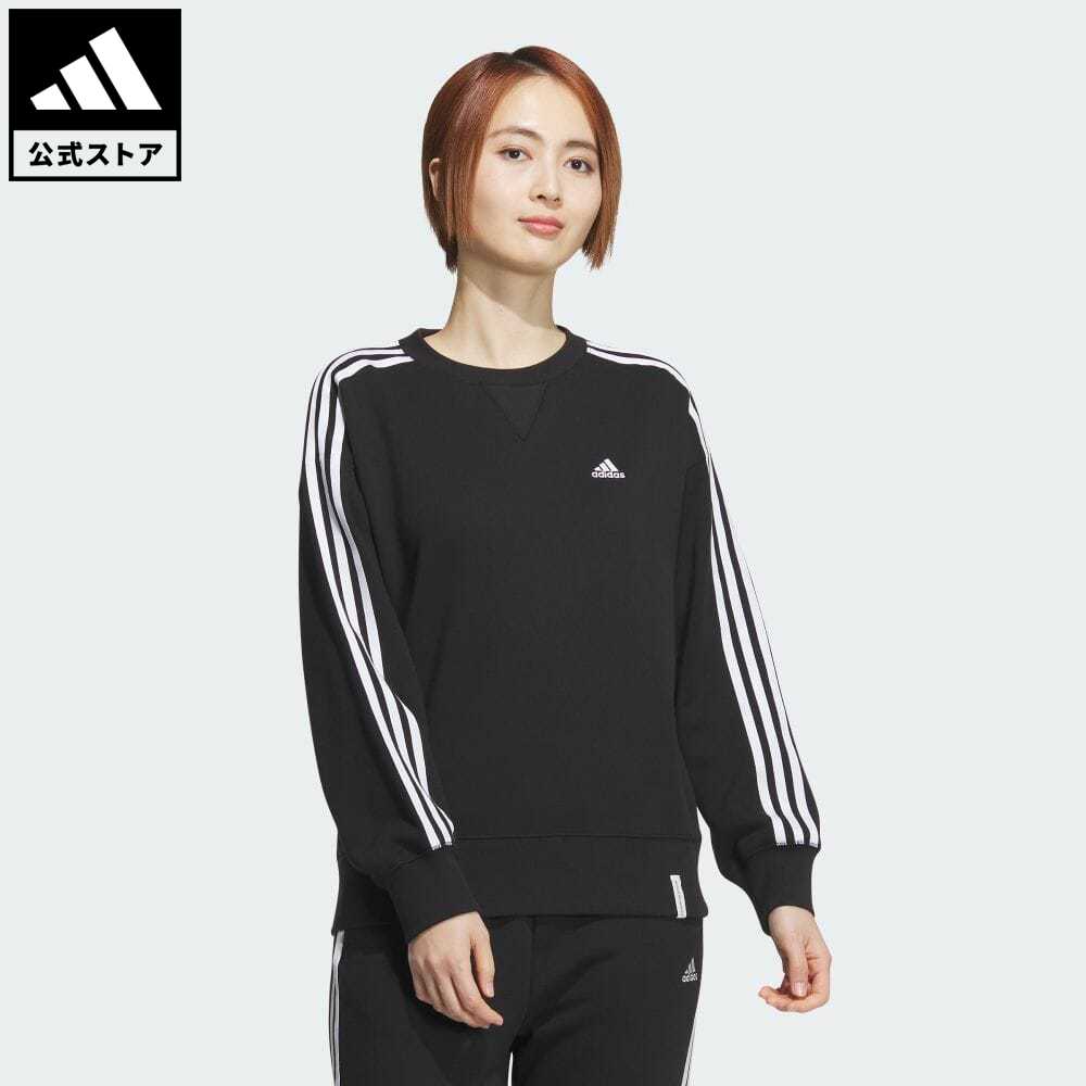 【公式】アディダス adidas 返品可 エッセンシャルズ プラス スリーストライプス フレンチテリー クルーネックスウェットシャツ スポーツウェア レディース ウェア・服 トップス スウェット（トレーナー） 黒 ブラック JF1411 notp