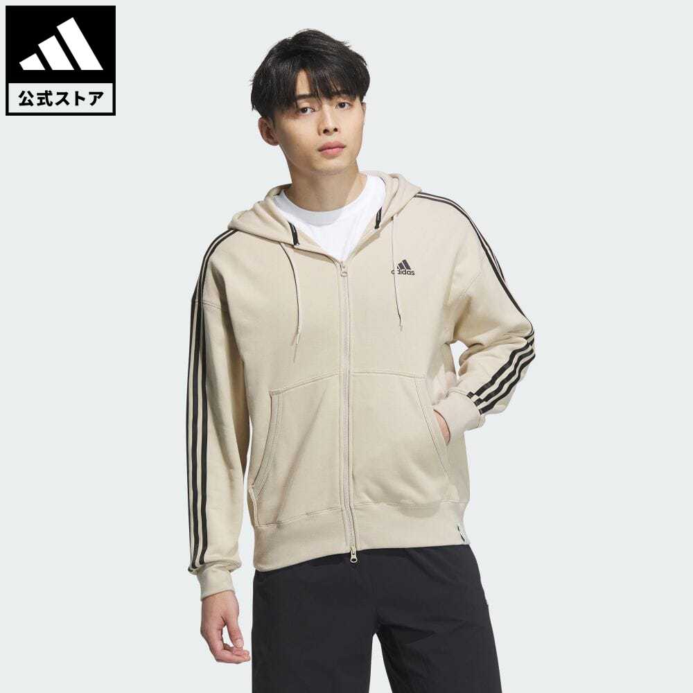 【公式】アディダス adidas 返品可 エッセンシャルズ プラス ルーズフィット スリーストライプス フレンチテリー フルジップパーカー スポーツウェア メンズ ウェア 服 トップス ジャケット パーカー(フーディー) ジャージ ベージュ JF3993 トレーナー notp