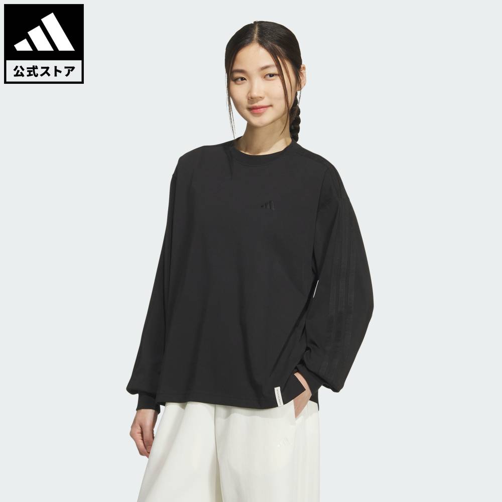 【公式】アディダス adidas 返品可 ライフスタイル エッセンシャルズ プラス スリー ストライプス ルーズ フィット 長袖 Tシャツ スポーツウェア レディース ウェア・服 Tシャツ 黒 ブラック KF8249