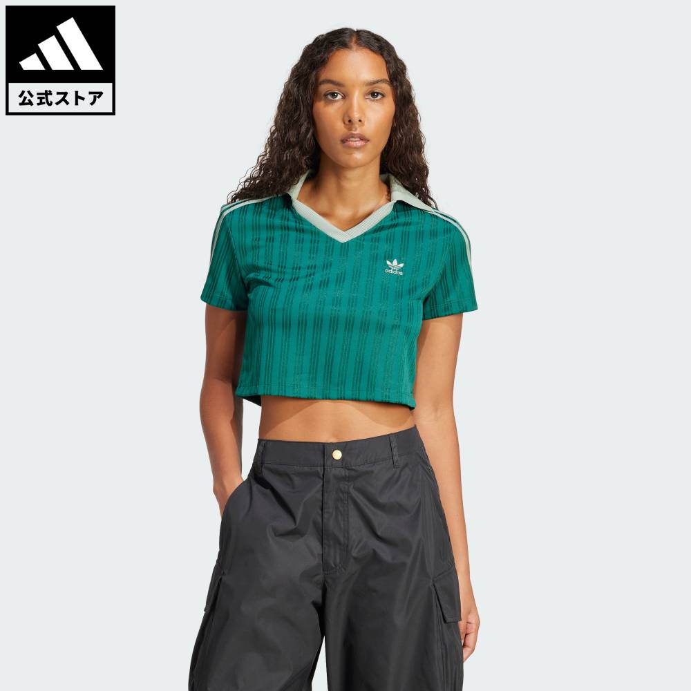 【公式】アディダス adidas 返品可 ライフスタイル アディカラー フットボール ジャカード Vネック クロップポロシャツ オリジナルス レディース ウェア・服 ポロシャツ 緑 グリーン JD2609