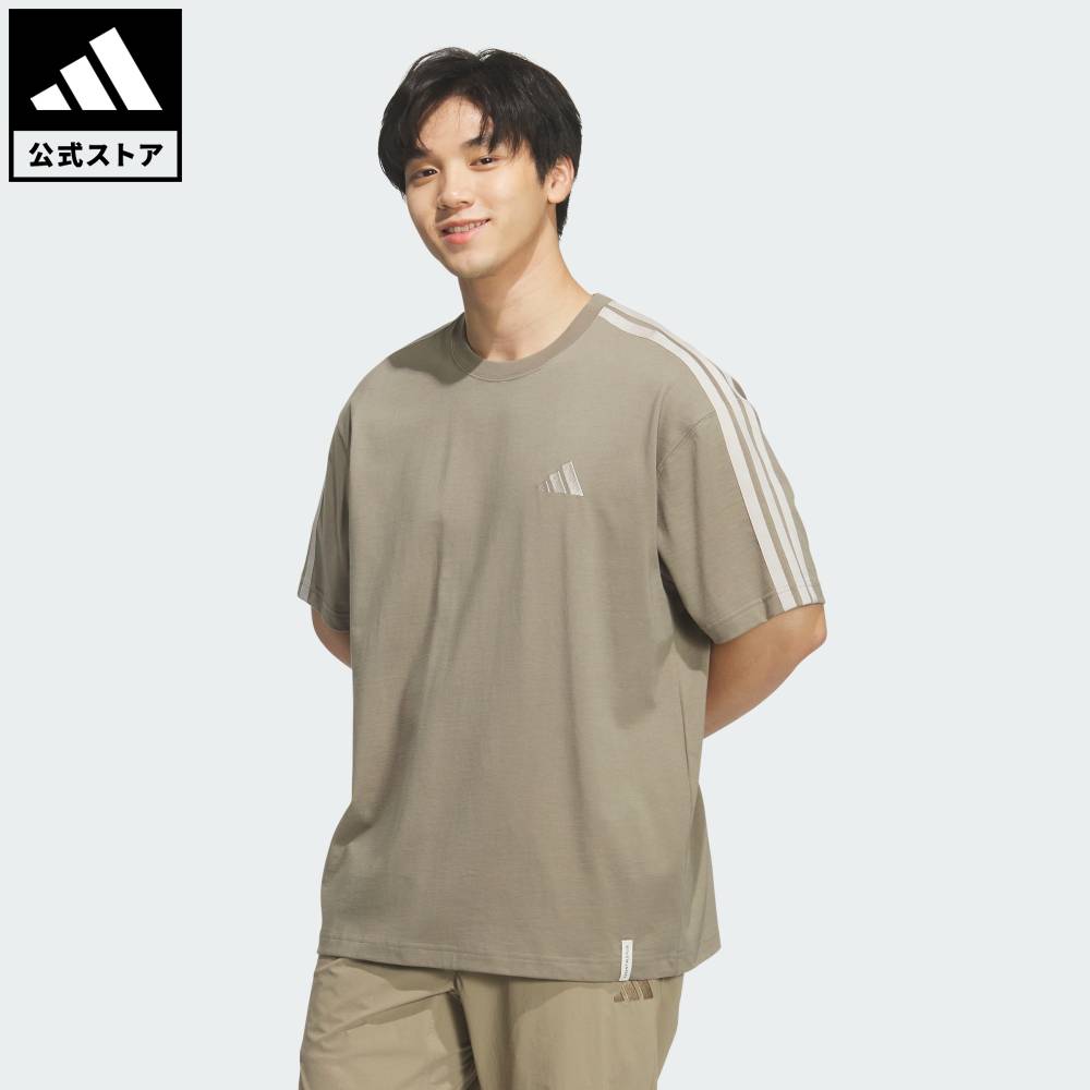 乐天商城 - 【公式】アディダス adidas 返品可 ライフスタイル エッセンシャルズ プラス ルーズフィット スリーストライプス シングルジャージー半袖Tシャツ スポーツウェア メンズ ウェア・服 Tシャツ ブラウン KF3740