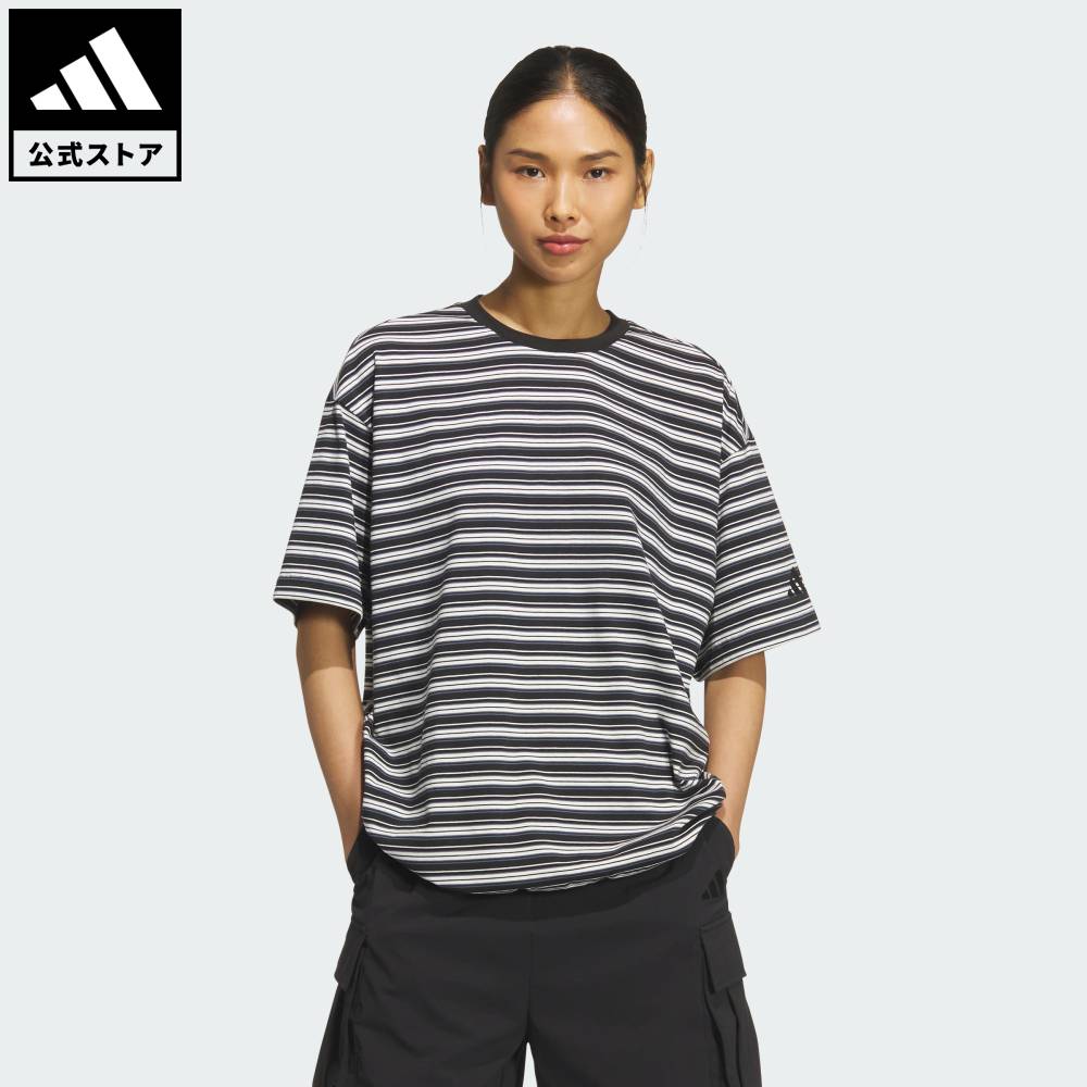 【公式】アディダス adidas 返品可 ライフスタイル スタジアム クローム オーバーサイズフィット マルチストライプ 半袖Tシャツ スポーツウェア レディース ウェア・服 Tシャツ 黒 ブラック KF8220